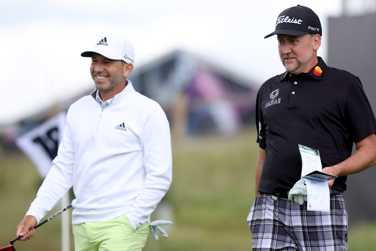 Sergio Garcia and Ian Poulter of England at a Pro-Am before an LIV Golf event. Poulter is upset Garcia didn't get a birthday tweet from the Ryder Cup.