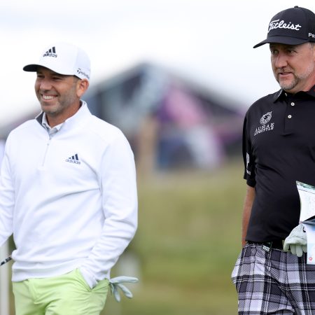 Sergio Garcia and Ian Poulter of England at a Pro-Am before an LIV Golf event. Poulter is upset Garcia didn't get a birthday tweet from the Ryder Cup.