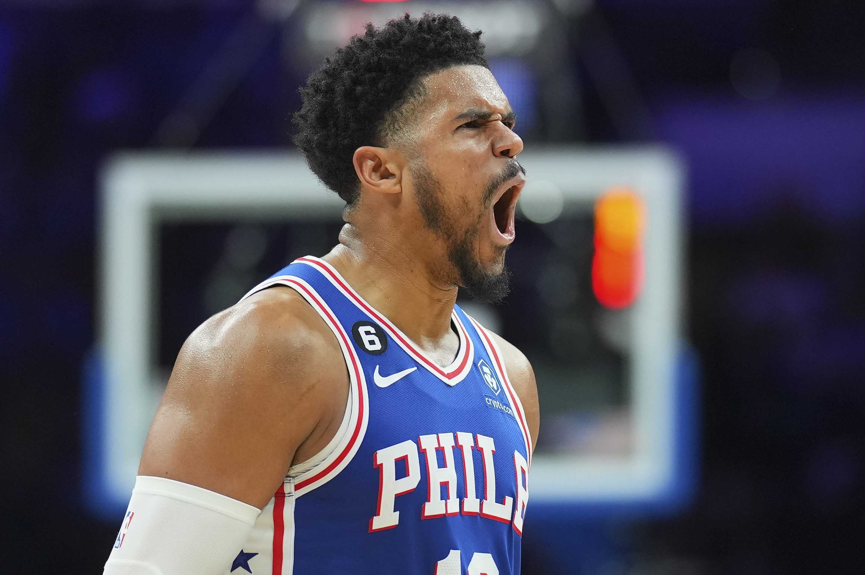 Tobias Harris of the Philadelphia 76ers reacts against the Hawks.