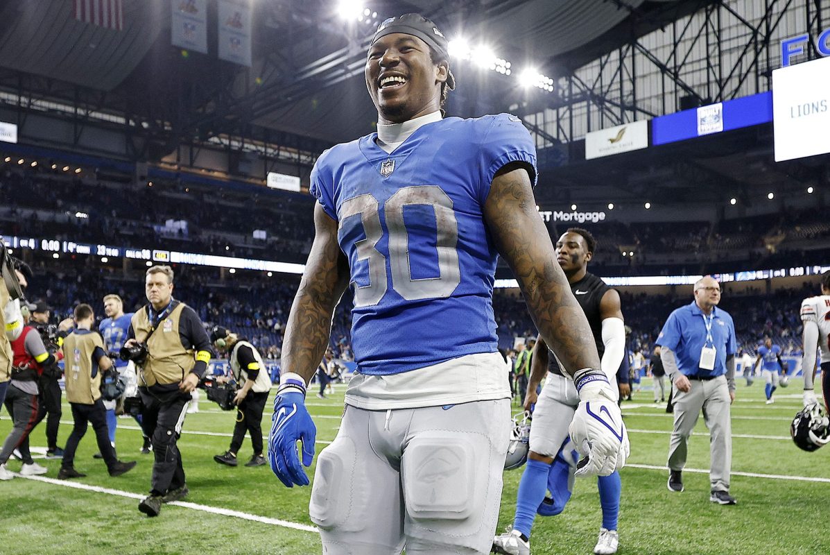 Jamaal Williams smiles after the Lions beat the Bears on January 1.