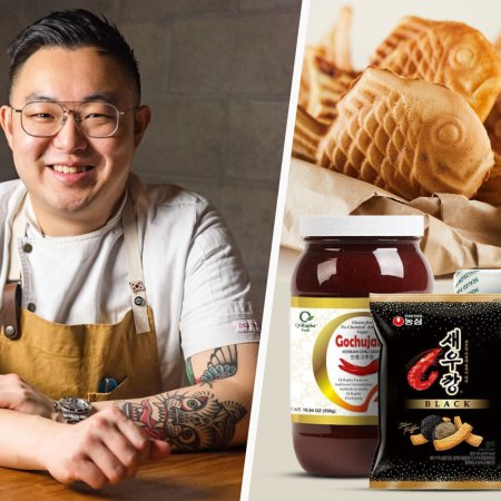 chef sol han of littlemad next to several korean grocery items