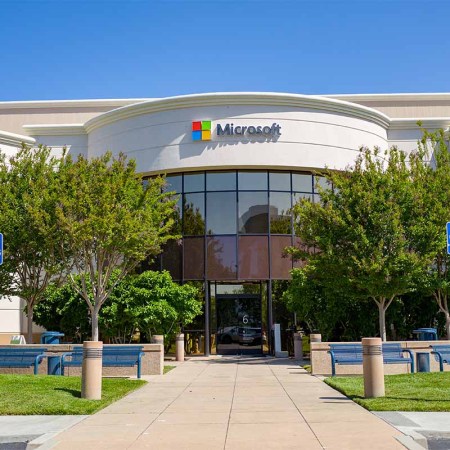 Facade with sign and logo at regional headquarters of computing company Microsoft in the Silicon Valley, Mountain View, California, May 3, 2019. Micorsoft recently announced an unlimited vacation policy