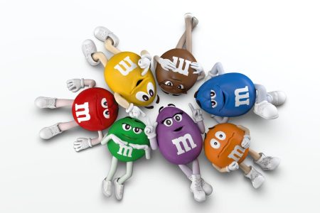 M&M's cartoon spokescandies in a circle. The candy mascot characters are being replaced because of conservative backlash from people like Tucker Carlson.