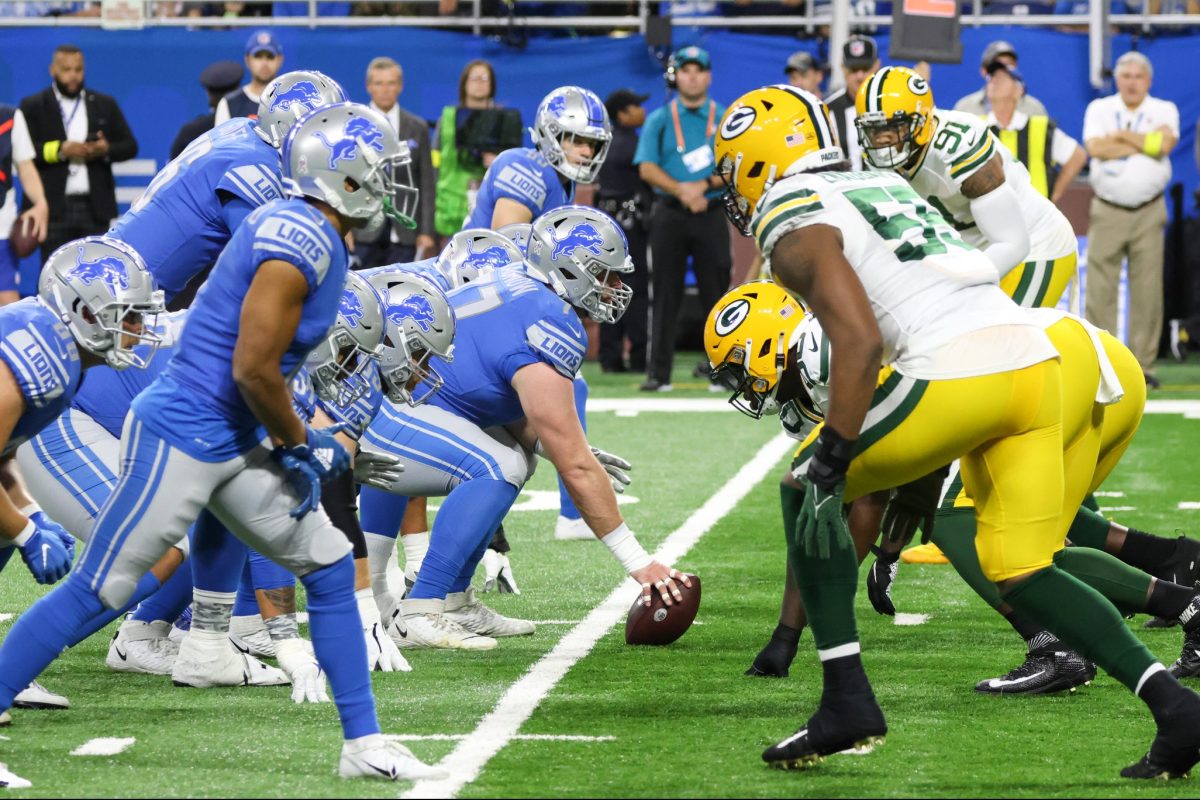 The Detroit Lions wait to snap the ball against the Green Bay Packers.