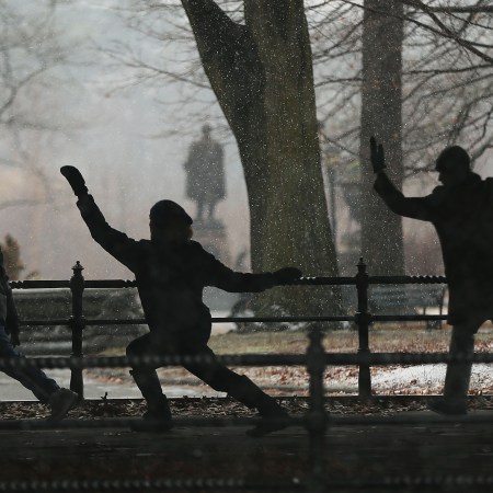 A group practicing Tai Chi on a cold day in a New York City park.