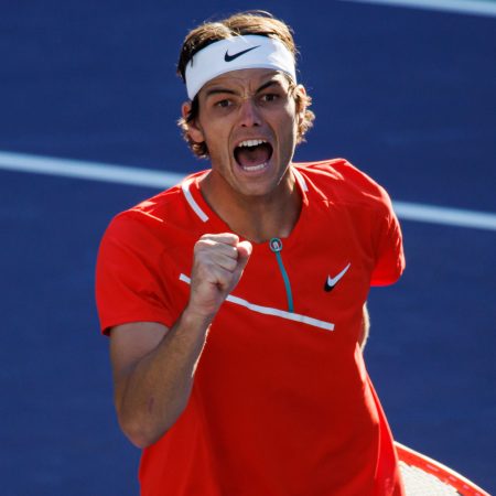 Taylor Fritz celebrates against Rafael Nadal in the final at Indian Wells.