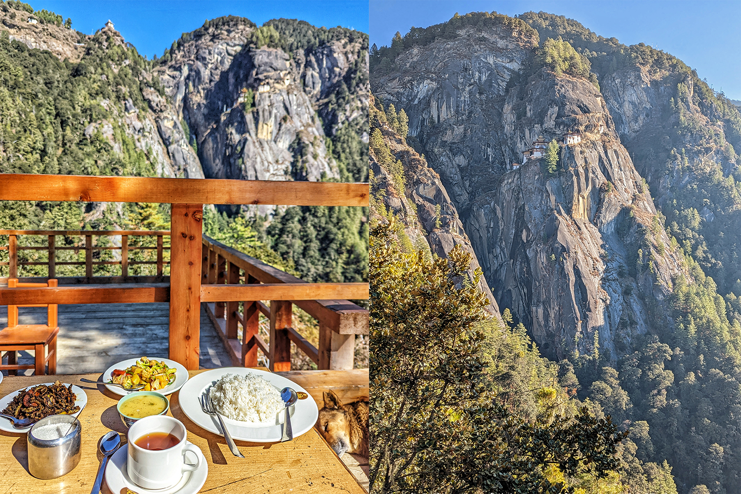 A meal at Taktsang Cafeteria in Bhutan on the left, on the right a view of Tiger's Nest Monastery on the mountainside