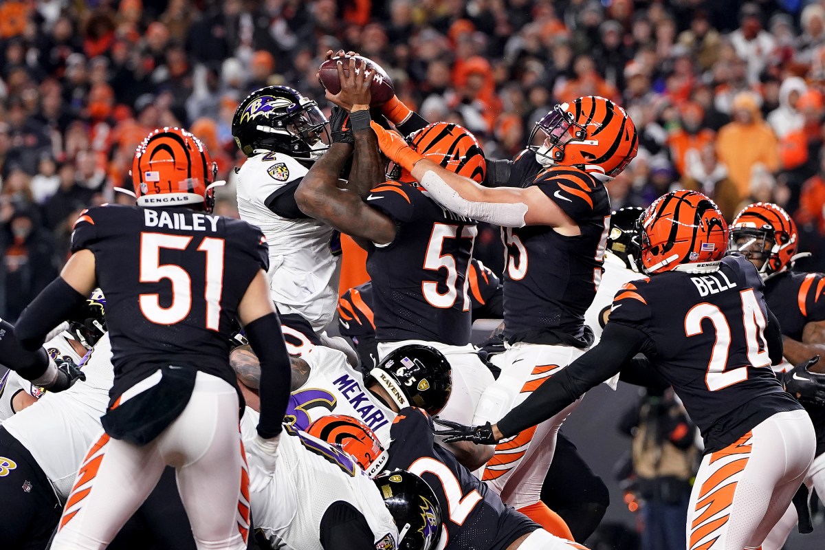 Tyler Huntley of the Ravens fumbles the ball against the Bengals.