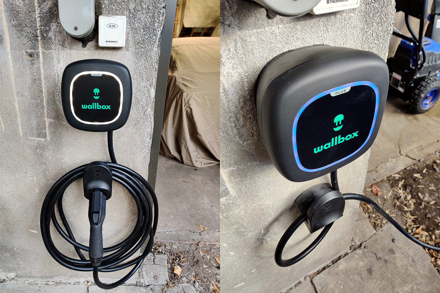 Two photos of a Wallbox Pulsar Plus electric vehicle charger installed on the outside of a garage