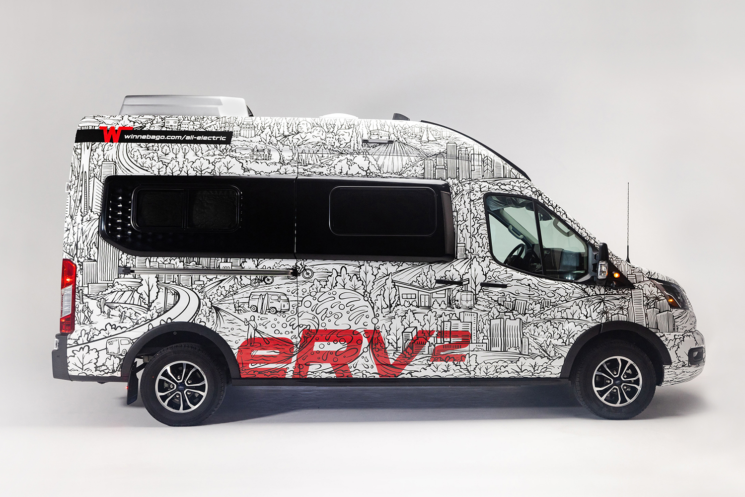 The Winnebago eRV2 prototype, an electric camper van built on the Ford E-Transit platform