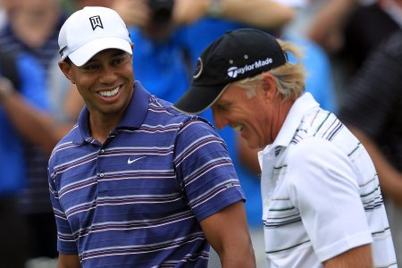 Tiger Woods with Greg Norman at the 2011 Australian Open in Sydney.