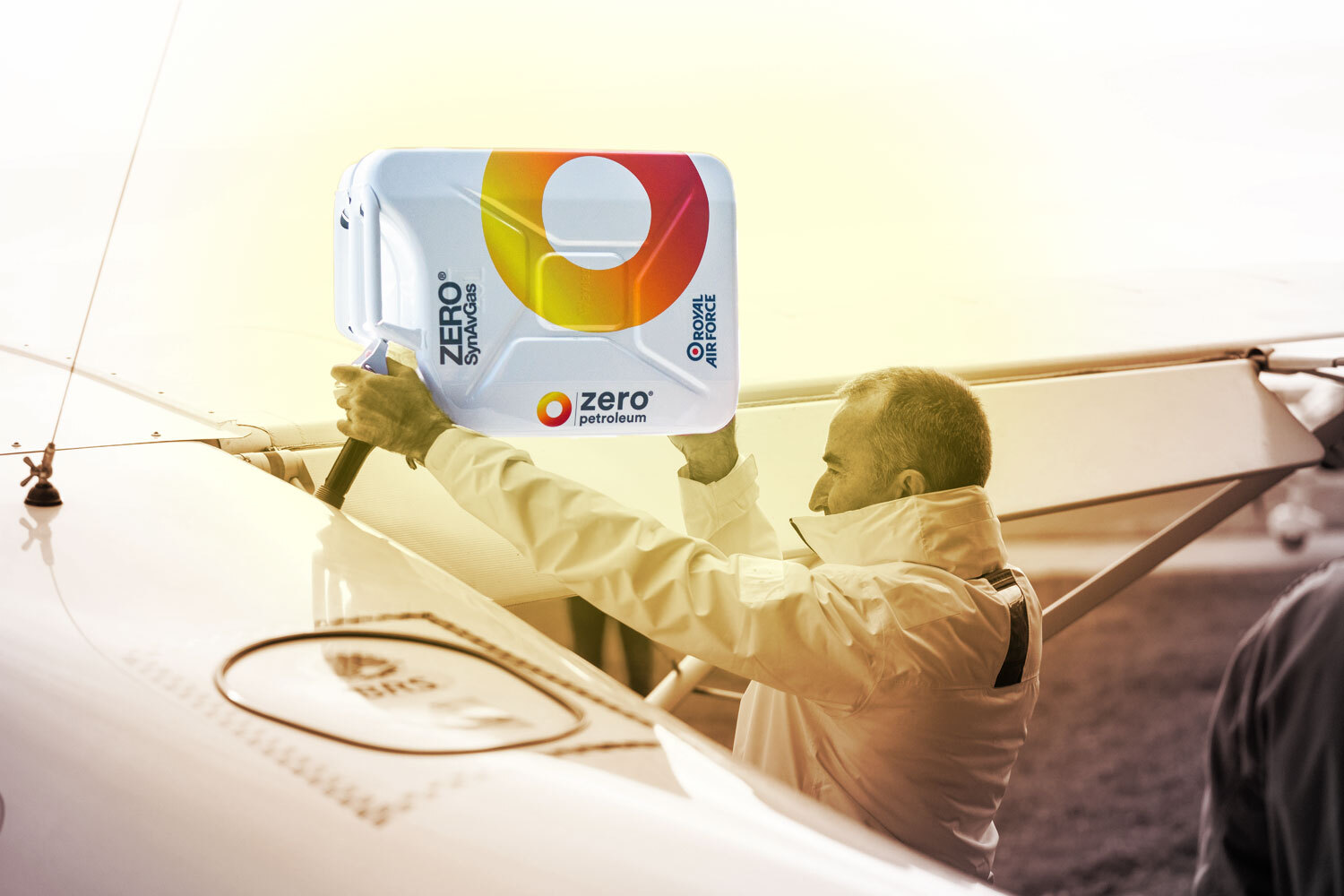 Paddy Lowe, the Formula 1 veteran, filling up a plane with Zero Petroleum's synthetic fuel, a drop-in substitute for fossil fuel that's supposedly climate-neutral