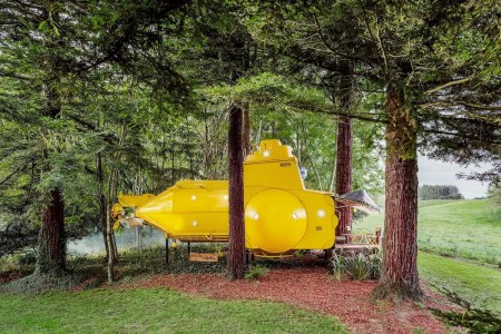 yellow submarine airbnb among the redwood trees