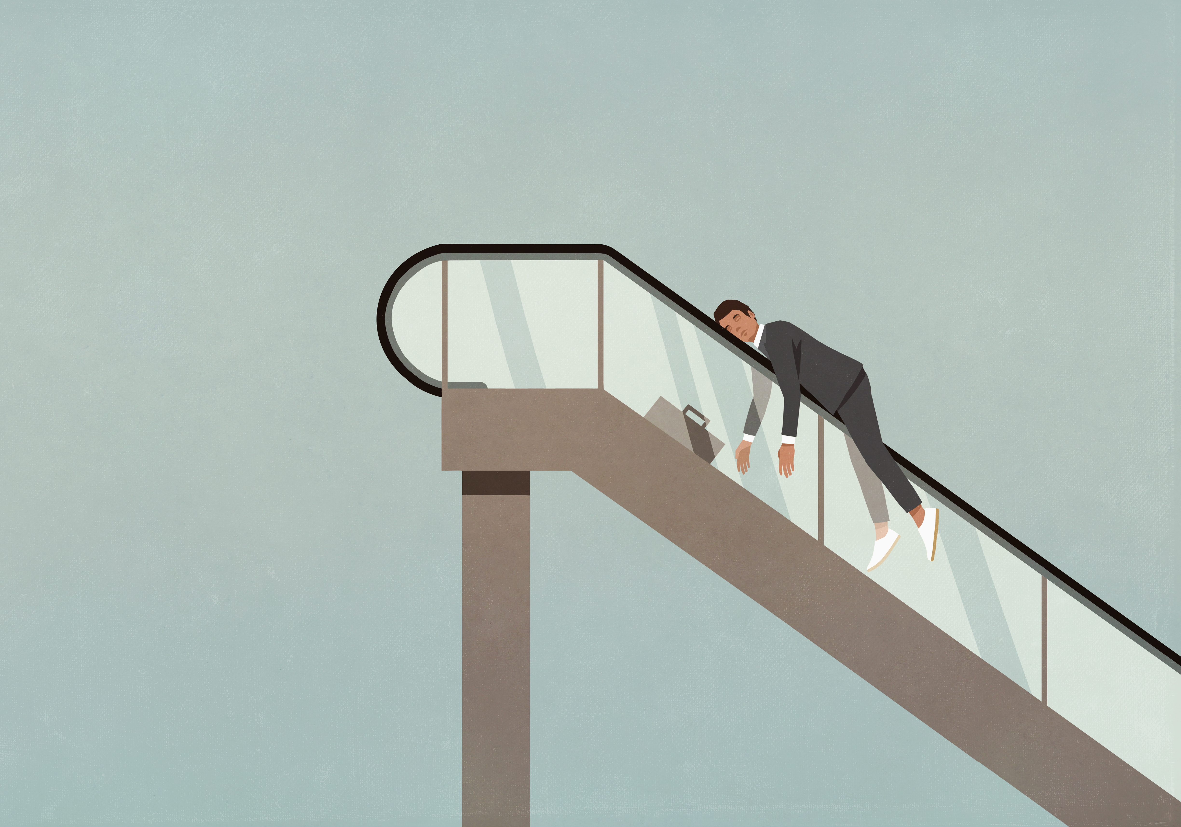 A cartoon of a businessman climbing an escalator to nowhere.