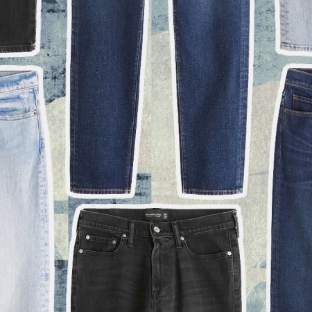 A collage of the Abercrombie & Fitch jeans on sale on a blue textured background
