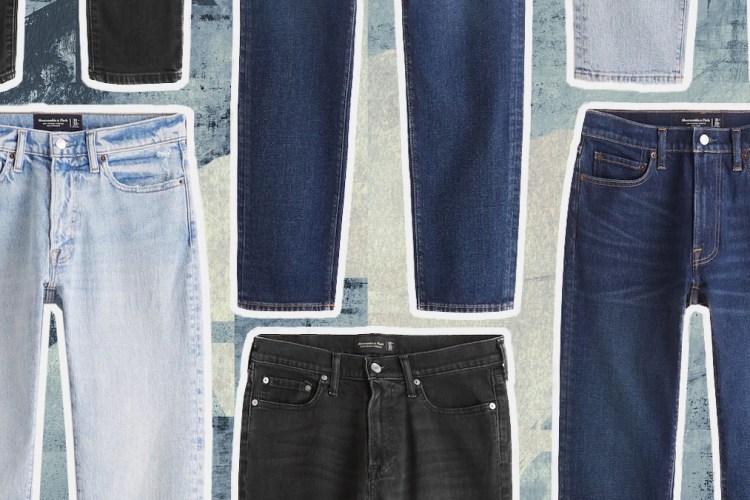 A collage of the Abercrombie & Fitch jeans on sale on a blue textured background
