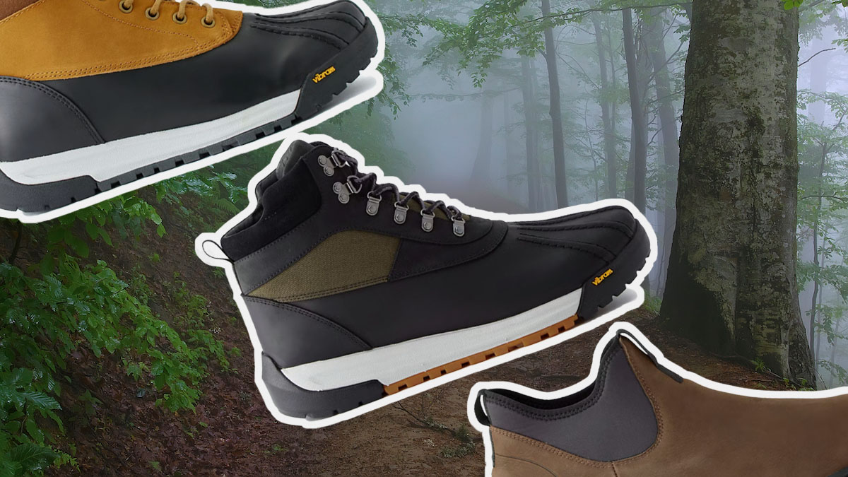 a collage of All-Weather Boots on a forrest background
