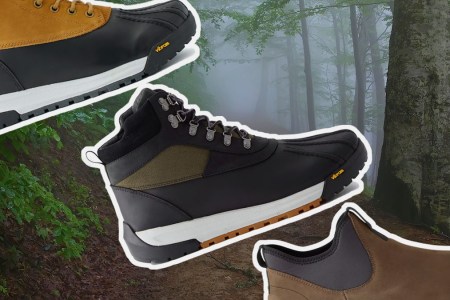 a collage of All-Weather Boots on a forrest background