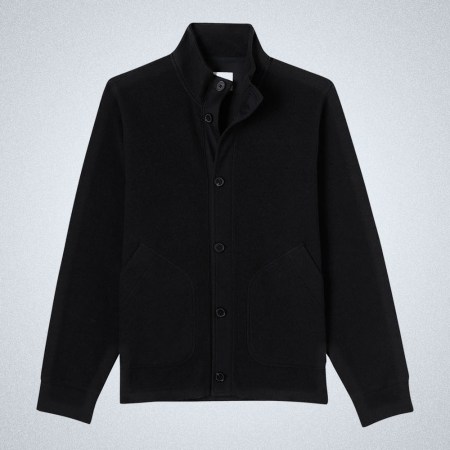 a black Billy Reid Fleece Jacket on a grey background