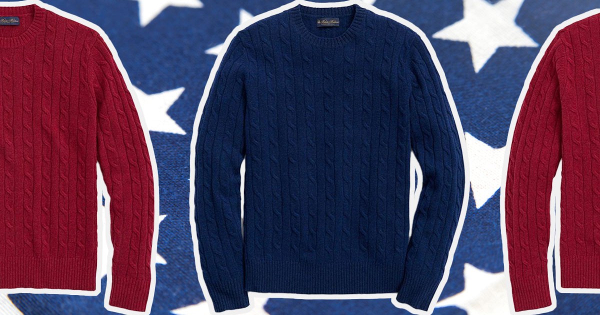 a collage of red and blue sweaters from Brooks Brothers on a star background