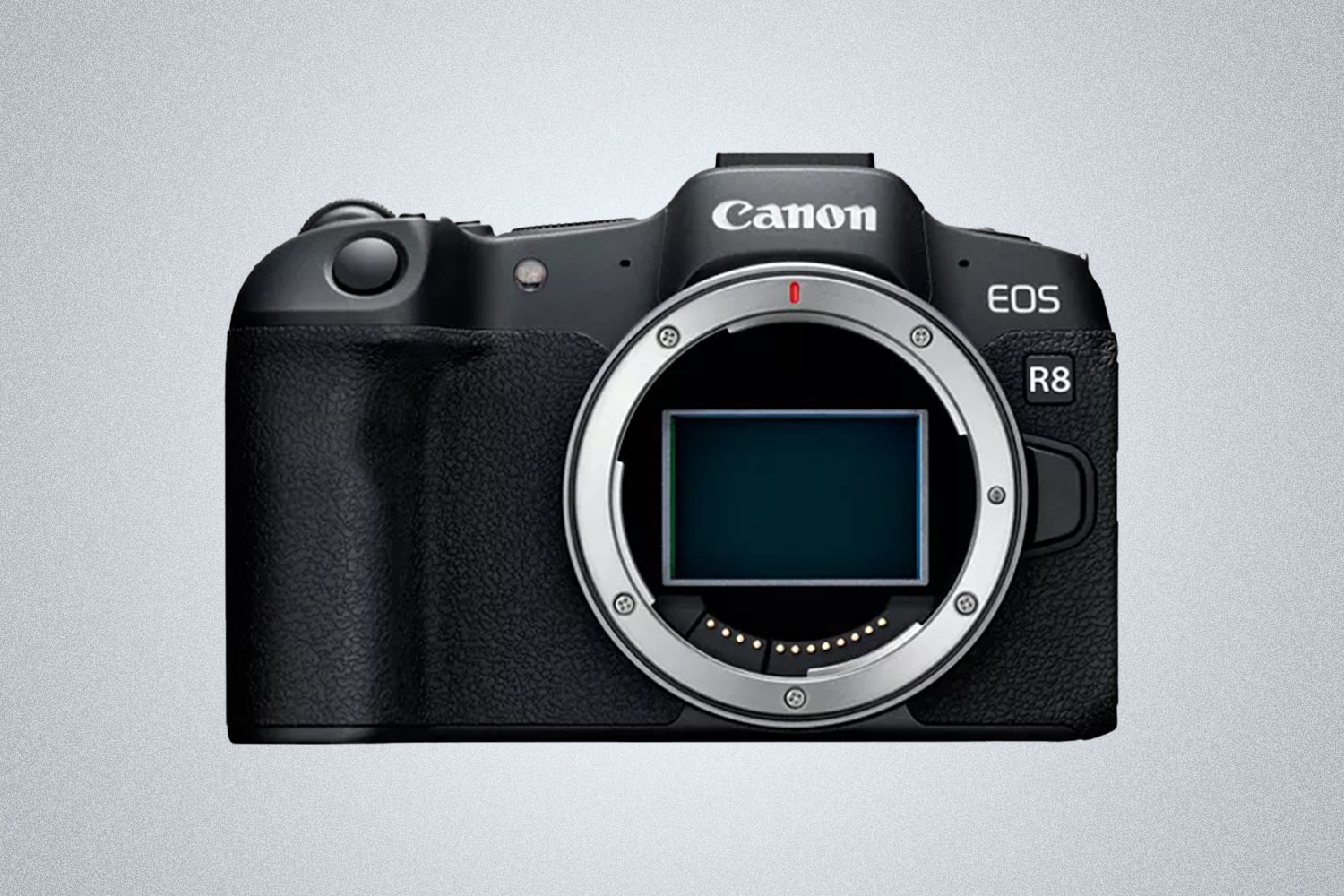 a black Canon EOS R8 camera on a grey background