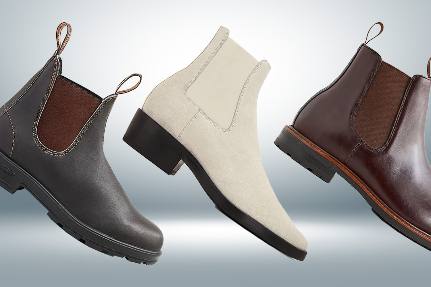 a collage of chelsea boots on a silver background