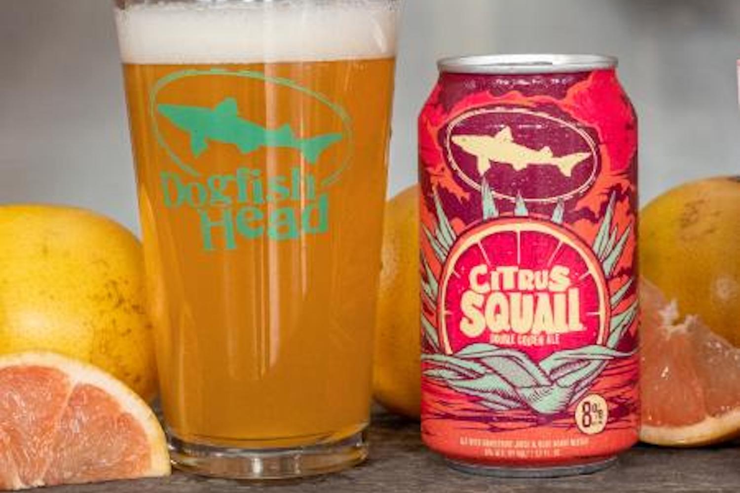 a can and poured glass of the Dogfish HEad Citrus Squall