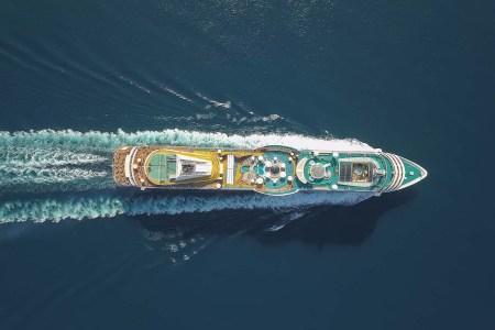 Aerial view of a large cruise ship at sea. Did you know that most cruise ships don't have overboard protection systems?