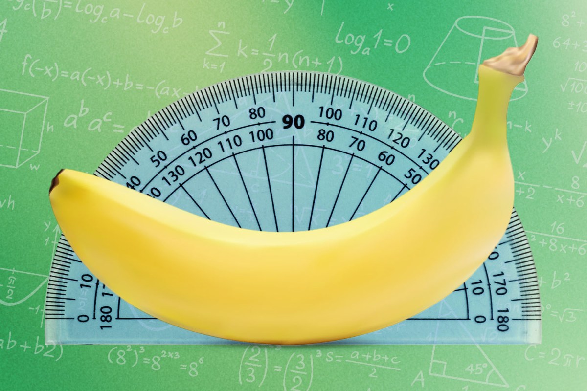 a banana in front of a blue protractor on a green background