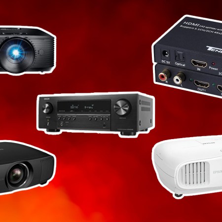 A few of the products you need to build a DIY home theater on a red background
