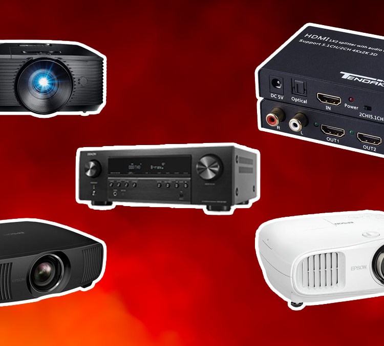 A few of the products you need to build a DIY home theater on a red background