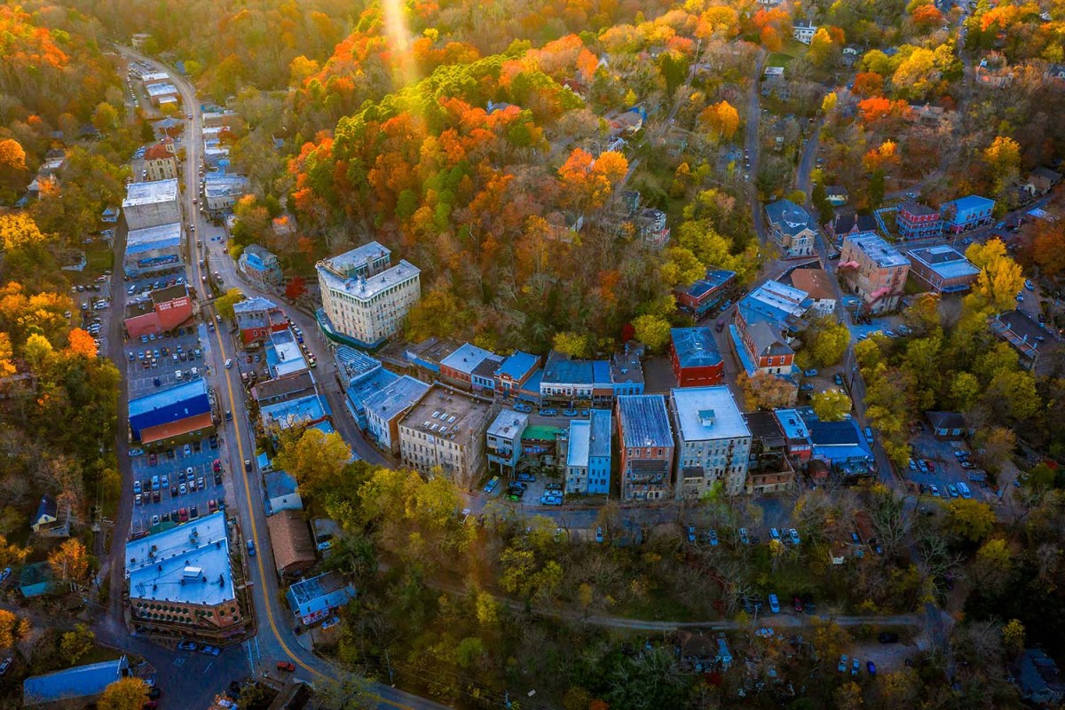 Aerial view of downtown Eureka Springs in fall