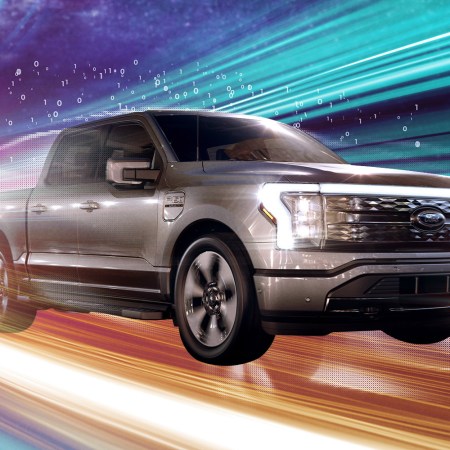 The Ford F-150 Lightning, the top trim model of the electric pickup truck, on an intergalactic background. Here's our review of the truck.