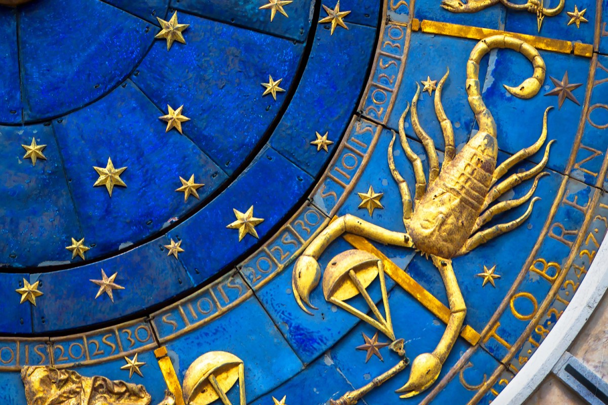 Scorpio astrological sign on ancient clock, medieval Torre dell’Orologio in Venice