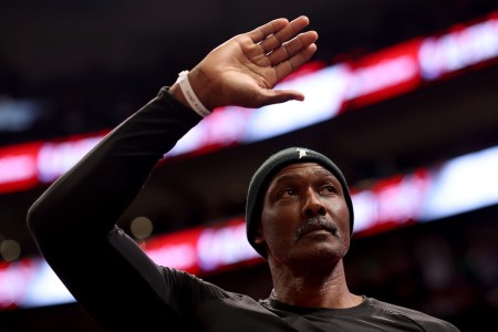 basketball player Karl Malone gestures during the 2023 NBA All Star Starry 3-Point Contest