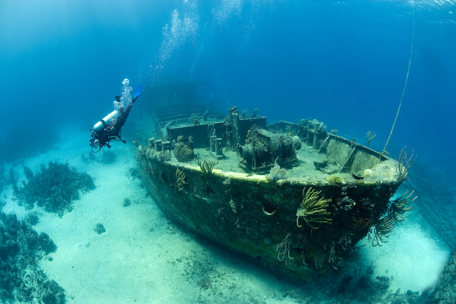 Scuba Diver Exploring a Large Shipwreck in the bahamas. A sunken treasure of booze and gold is planning to be excavated in Lake Michigan soon.