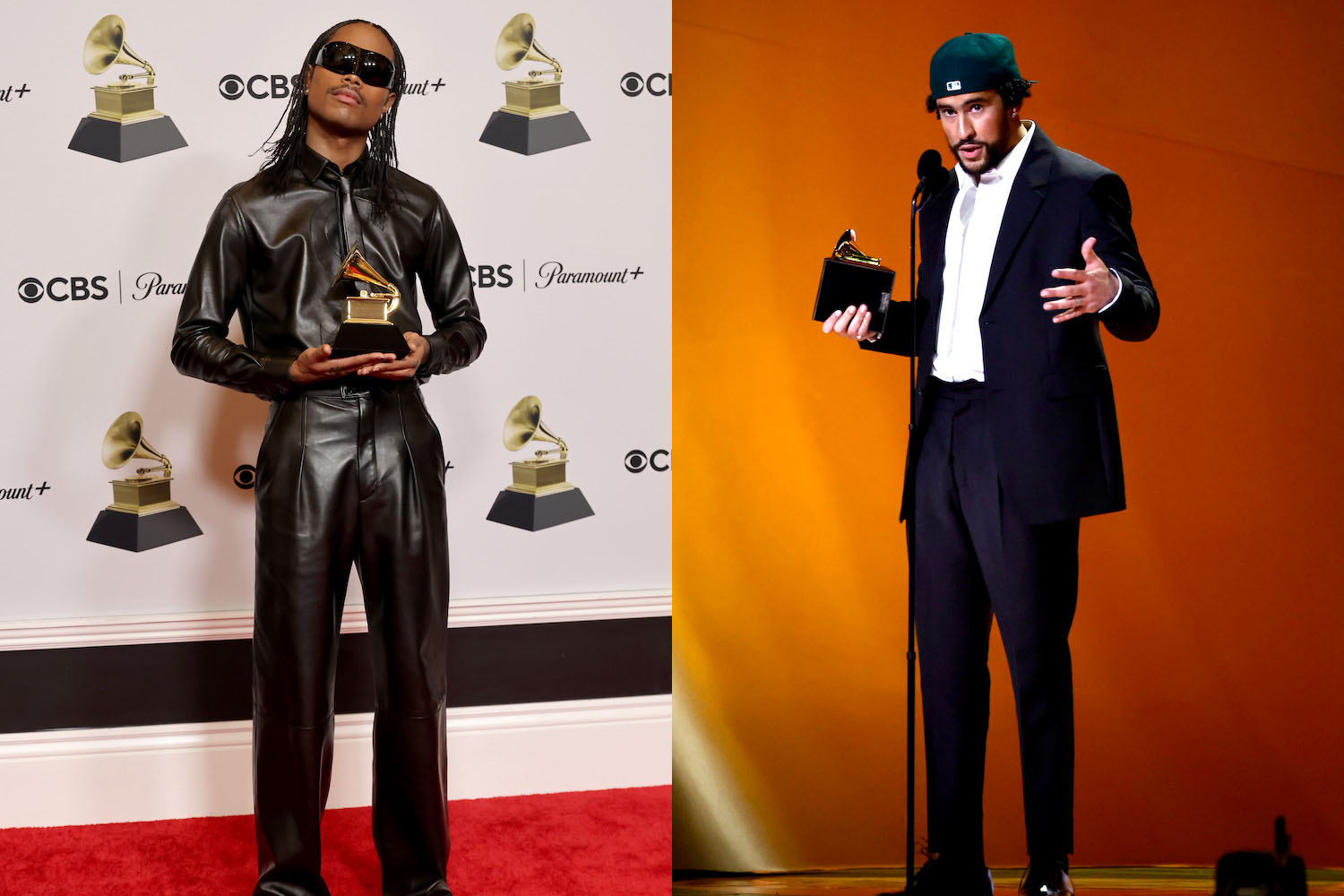 two photos of Steve Lacy and Bad Bunny at the 2023 Grammy Awards