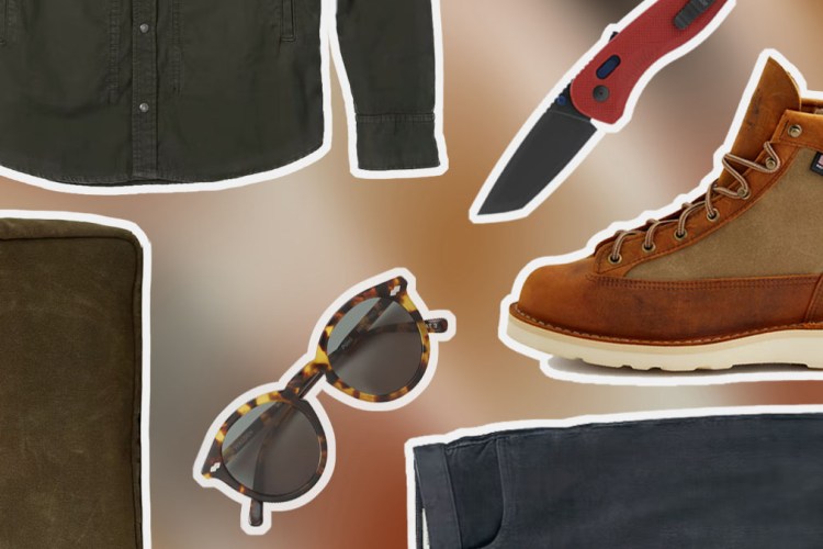 a collage of items from the Huckberry Winter Sale on a unfocused brown background