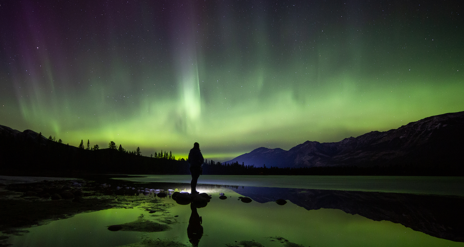 someone standing in front of purple and green northern lights