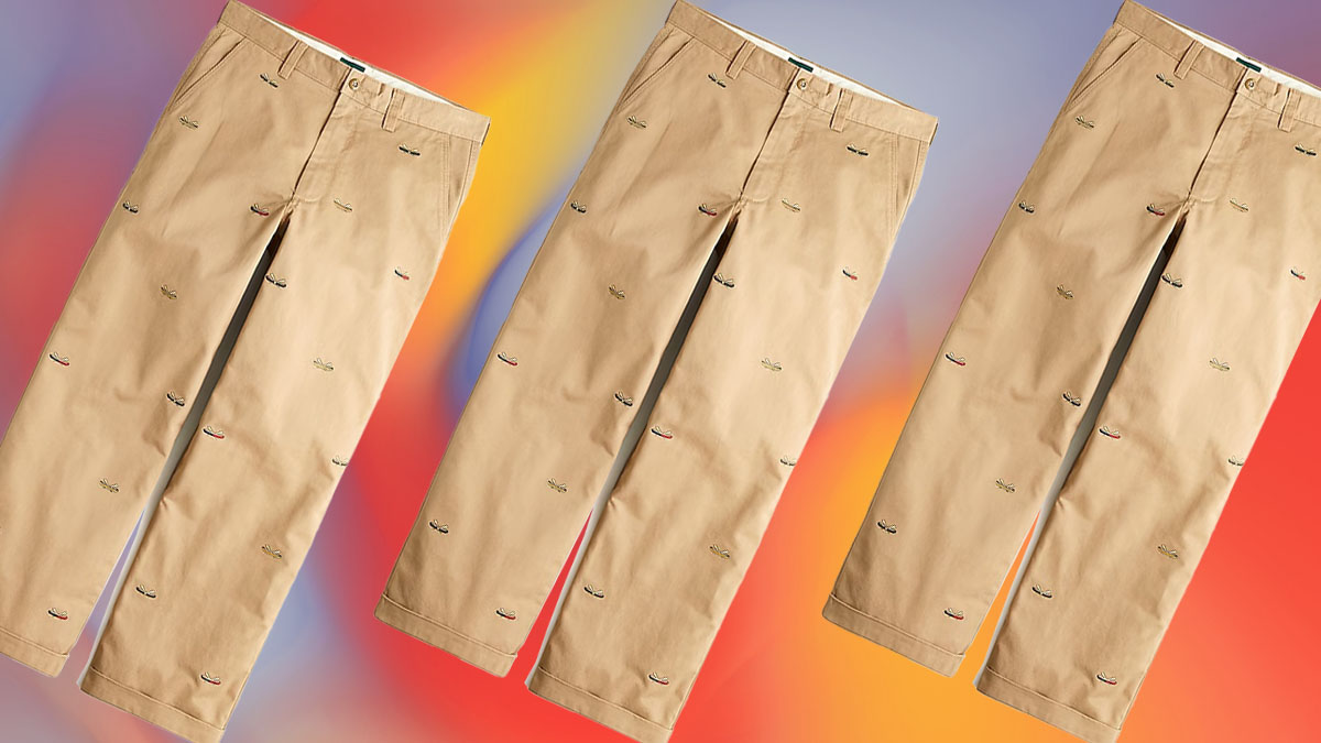 a collage of J.Crew Giant Fit Chinos on a red background