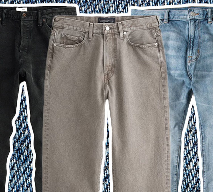 a collage of comfortable men's jeans on a denim background
