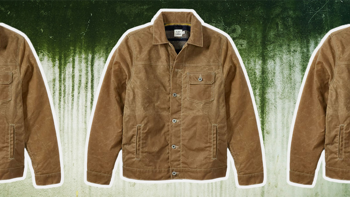 a collage of Flint and Tinder Wool-Lined Waxed Trucker Jacket on a mossy-wall background