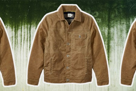 a collage of Flint and Tinder Wool-Lined Waxed Trucker Jacket on a mossy-wall background