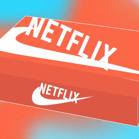 An illustration to depict the recent Nike collab with Netflix, featuring the Netflix logo on an orange Nike shoe box.