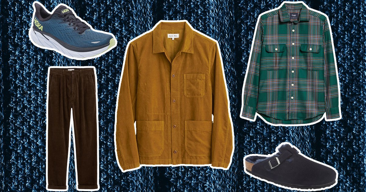 The Nordstrom winter sale items on a blue wool textured background