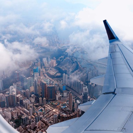 Aerial view of Hong Kong from an airplane window