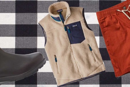 Blundstone boots, Patagonia fleece vest and Vuori shorts, all on sale at REI