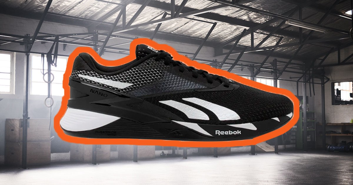 a pair of Reebok Nano X3 Sneakers highlighted in orange on a workout background