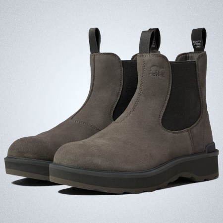 a pair of grey Sorel Hi-Line Chelsea Boots on a grey background
