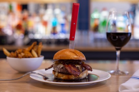 the burger at town house restaurant in westchester with fries and red wine